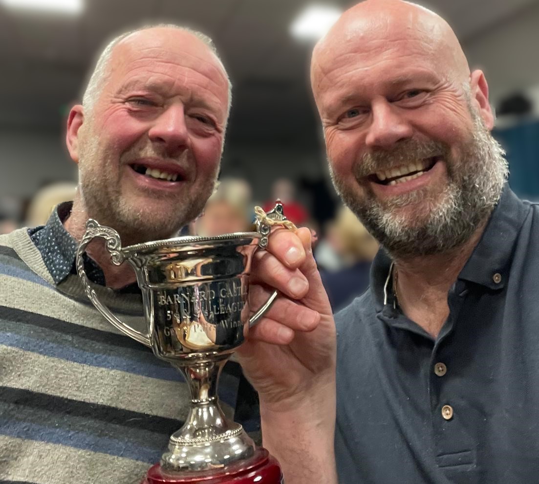Lee and Mark holding the Gents Pairs Trophy